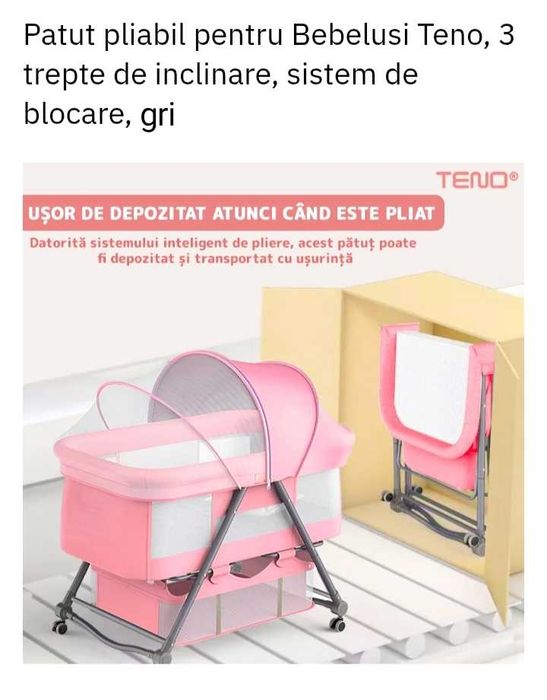 Pătuț pliabil pentru bebeluși, 3 trepte de înclinare, sistem de blocare, plasă anti-insecte, coș depozitare, gri.