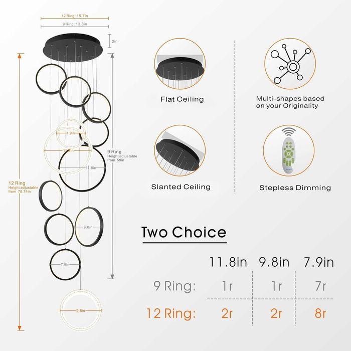 Lustra LED moderna 12 inele, dimabila, telecomanda, pentru tavan inalt