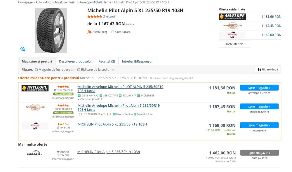 Set anvelope de iarna 235/50R19 Michelin Pilot Alpin 5 SUV