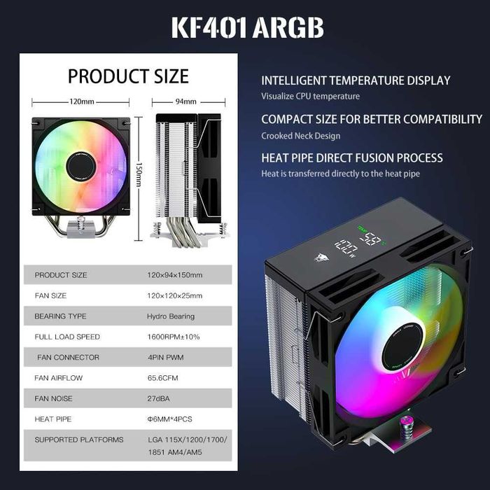 Cooler CPU Aer TZMRIT KF420 DGT ARGB cu afișaj de temperatură, pentru Intel LGA 1700/1200/115X/1851/1366/2011, pentru AMD AM4/AM5 (KF401)