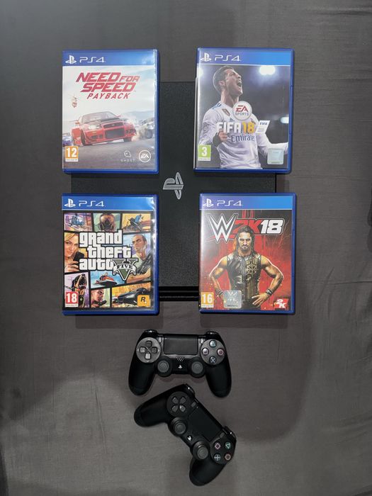 PlayStation 4 Pro (PS4 Pro) – като нов, с 2 джойстика + 4 игри /GTA V,                           Need for Speed Payback,   WWE 2K18,   FIFA 18/