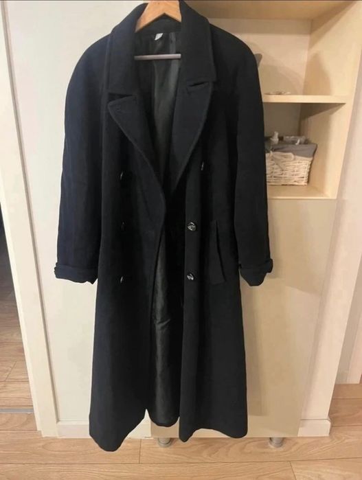 Palton lung negru din lână și cașmir, mărimea L/XL
