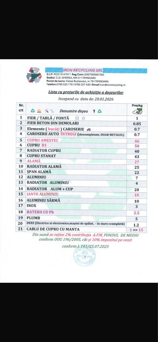 Fier Vechi Transport Timișoara Remat-Rabla Preț: 1  ron/kg
