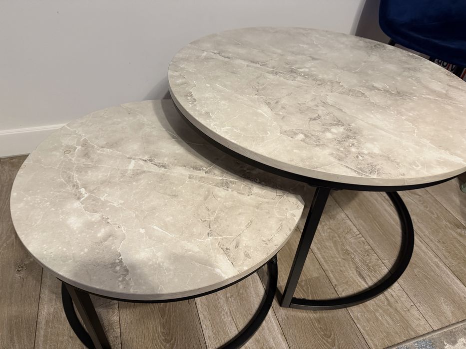 Homcom Set 2 Masute Rotunde pentru Cafea Metal + Marmura Gri/Negru