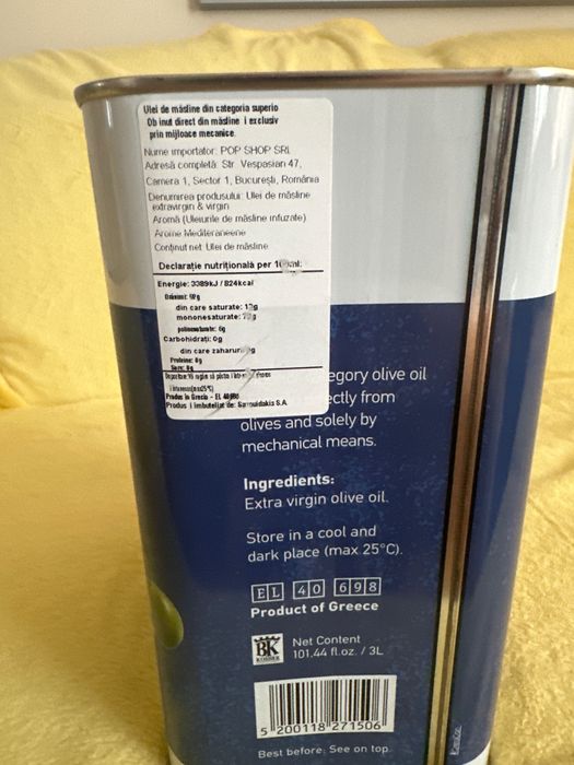 Ulei de Măsline Extravirgin 3L presat le rece, aciditate < 0,8% Grecia