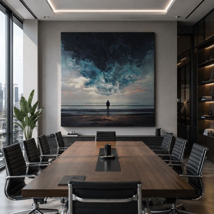 Tablou canvas Neclintit, om pe plajă sub furtună, artă surrealistă, 60×60 - 100×100 cm