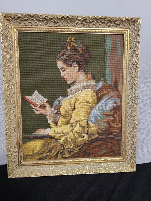 Старинен гоблен с рамка Момичето с книгата 59/49