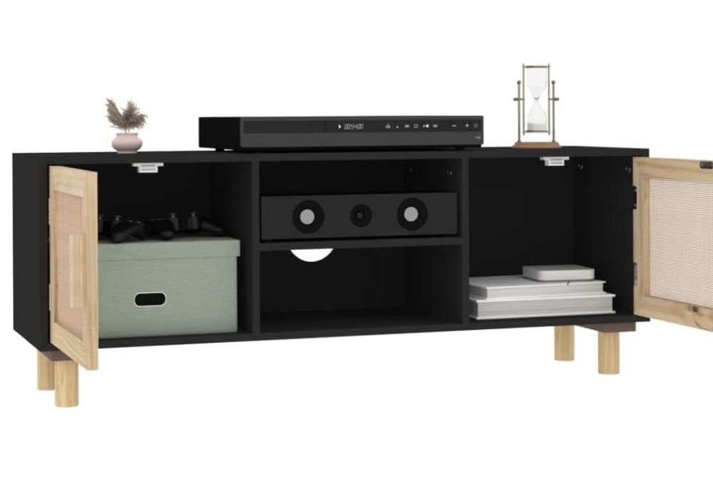 Comoda TV, negru, 105x30x40 cm lemn masiv pin si ratan natural