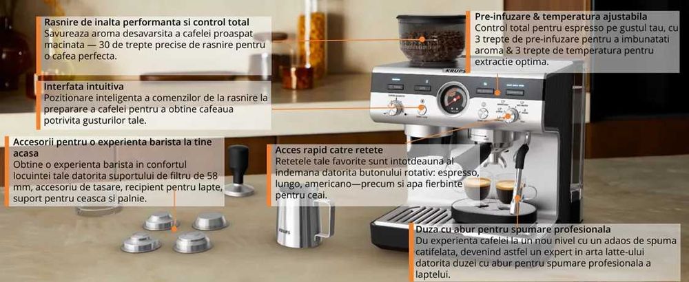 Espressor manual cu rasnita Krups Precision XP801T10, 15 bari, rezervor apa detasabil 3.5 L, 30 trepte de rasnire