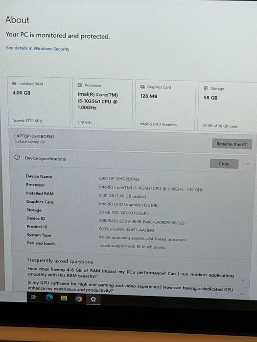 Microsoft Surface Laptop Go i5-1035G1/4RAM/64SSD/Intel UHD/Touchscreen