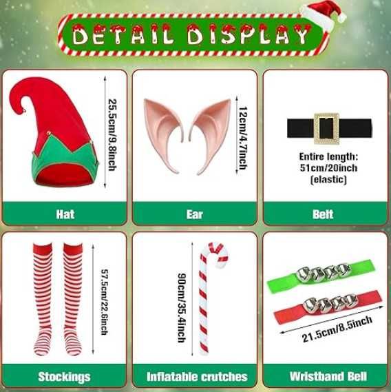 Детски коледен костюм на Елф Raveparty, от 7 части, карнавален