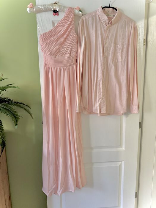 Великолепна розова дълга рокля + мъжка риза в същия цвят