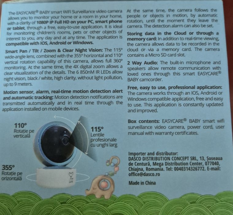 Camera de supraveghere IP WIFI cu microfon, Baby 
WARRANTY 2 years NARRANT
video camera