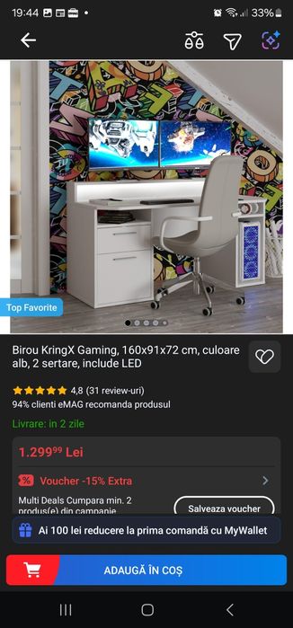 Birou gaming nou , alb, cu iluminarr led