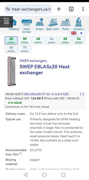 Schimbator căldură brazat Inox SWEP E8LASx20