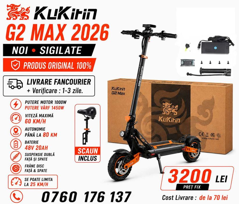 KuKirin G2 Max 2026‼️ NOUA Sigilata ‼️1000W (max. 1450W)-  60Km/h,  + Scaun Detasabil -Ghidon reglabil, Contact Cheie Baterie 20Ah, Autonomie  Mare