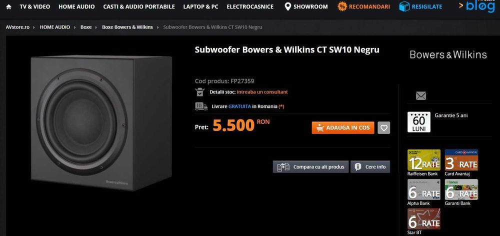 difuzoare subwoofer 10 inch/25cm  Bowers & Wilkins CT SW10