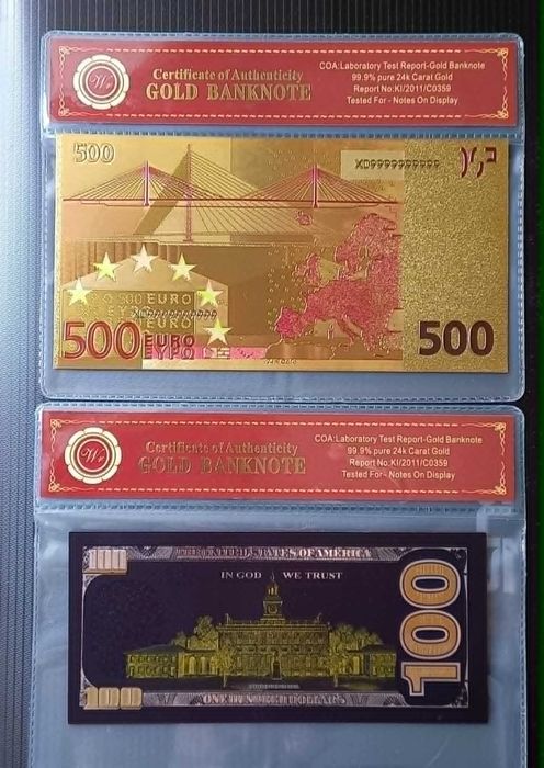 2 бр. сувенирни банкноти  / 1млн. €  + 100 $ САЩ , на черно зл. фолио/ за 9 € .