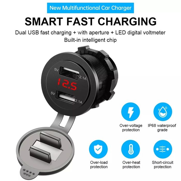 Priza USB auto moto - Voltmetru 2.1A mufa dubla - incarcare fast char