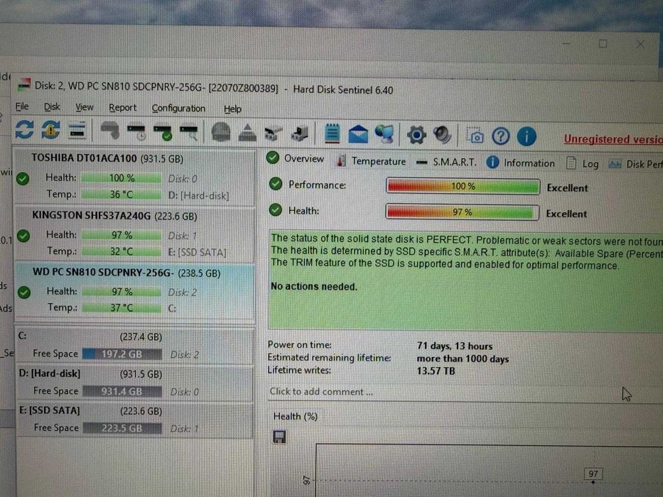 SSD m2 WD PC SN810 256GB NVMe PCIe 4.0 – Health 97%, testat