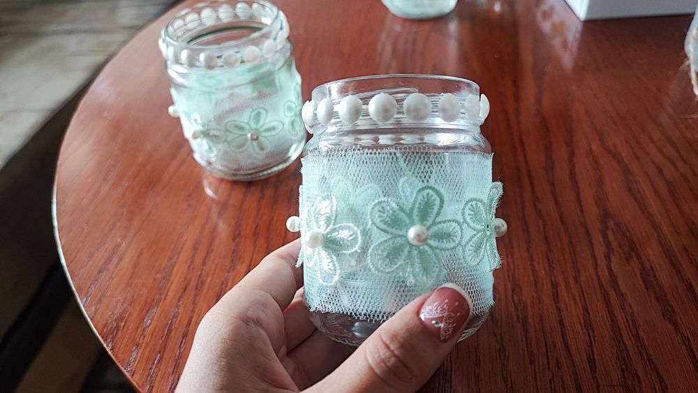 Свещници в бурканчета с декорация цвят мента - 20бр.- цена за всички