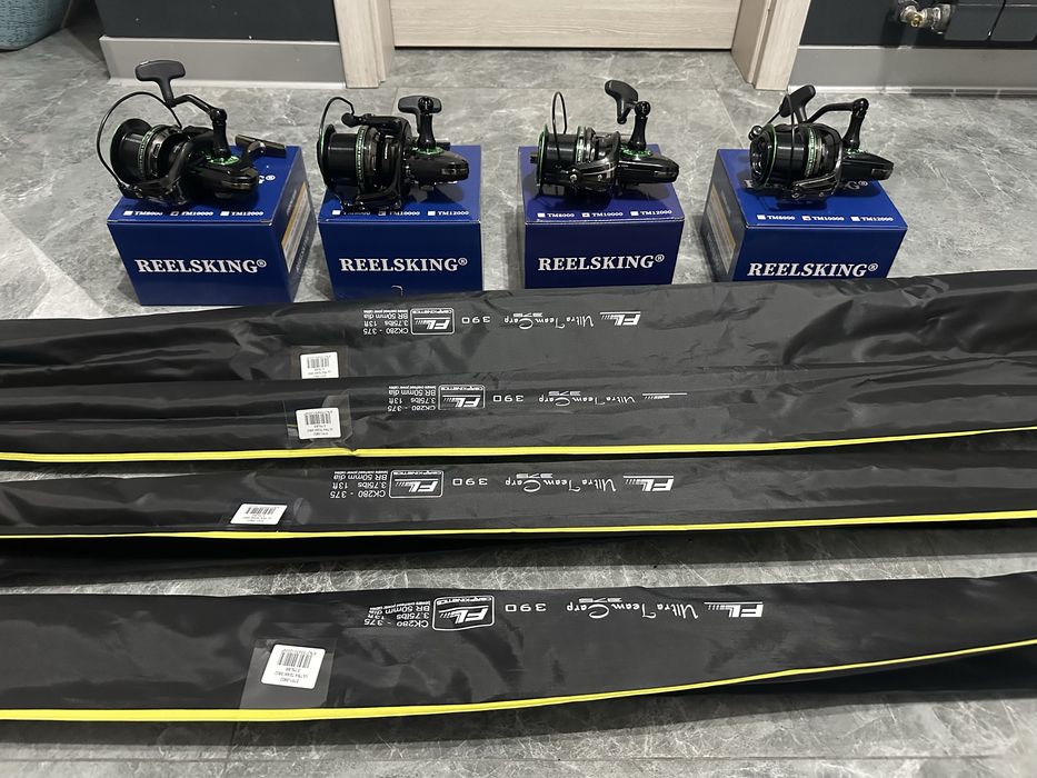 Set 4 lansete FL Ultra Team Carp 3.90m, 3.75lbs + 4 mulinete REELSKING TM10000
