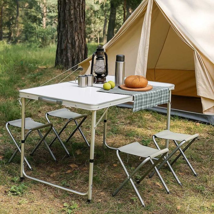 Комплект сгъваема алуминиева маса с 4 стола – идеален за къмпинг
