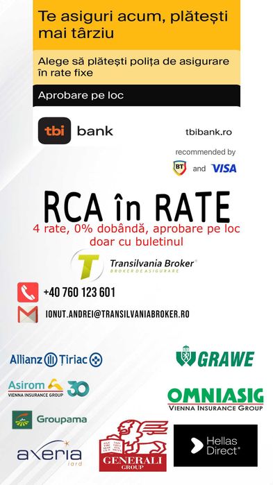 Asigurari auto in RATE asigurare RCA / CASCO