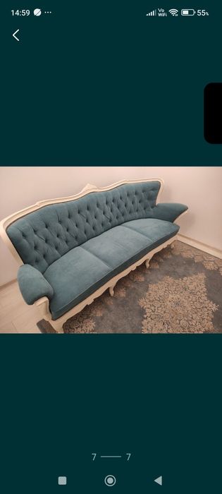 Canapea lemn masiv, banchetă alba, turcoaz