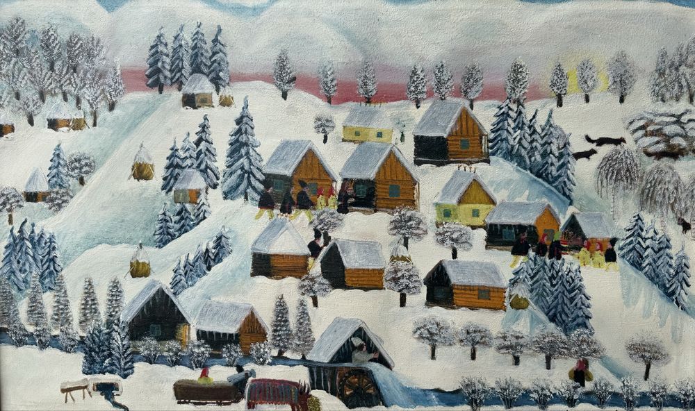 Pictura naiva “Obiceiuri de iarna la Brusturi” semnat Ion Nita Nicodim 1978