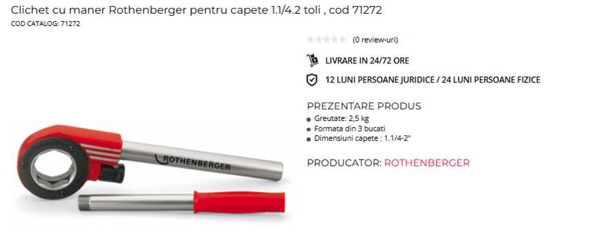 Cap de filetat 1/2" Rothenberger 7084 + Clichet cu maner Rothenberger pentru capete 1.1/4.2 toli 71272