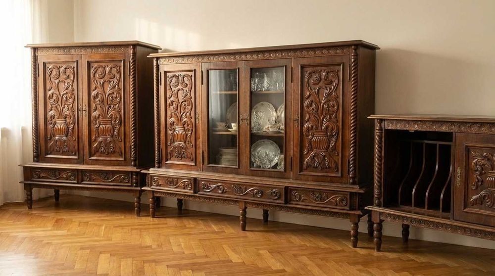Set complet mobilă vintage anii '70 romanească - lemn masiv sculptat