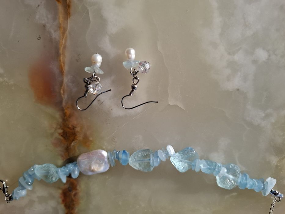 Set brățară acvamarine 21 cm si cercei cu perle