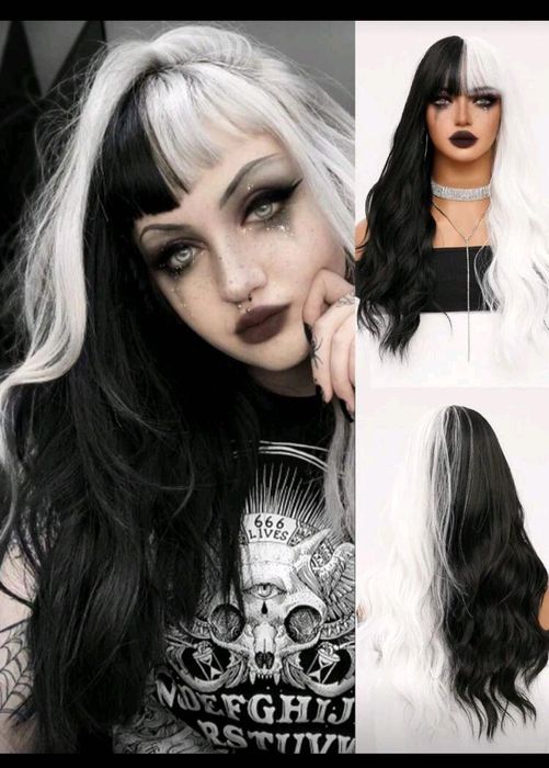 Черно-бяла перука с дълъг косъм, чисто нова!