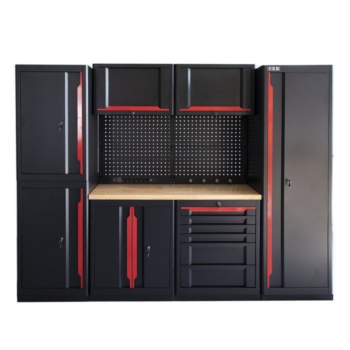 Set mobilier modular metalic pentru atelier 10 piese negru/rosu hbm