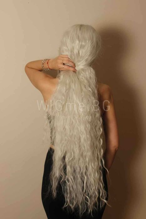 Дълга къдрава бяло руса лейс фронт перука Саша
