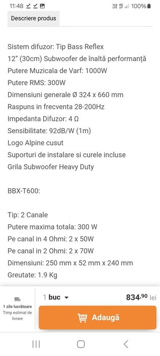 Set alpine statie si subwoofer