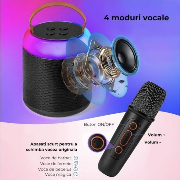 Boxa/Mini aparat de karaoke, cu 2 microfoane wireless pentru copii si