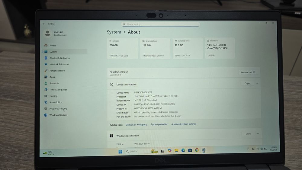 Laptop i5 gen13, 16Gb ,windows11Pro 15.6Fhd, 256 Gb ssd