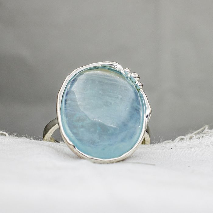 Сребърен пръстен с натурален аквамарин 14 ct