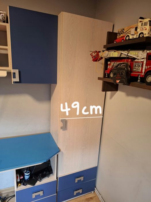 Set Mobila Albastra cu Crem de Lemn cu Birou si Noptiera