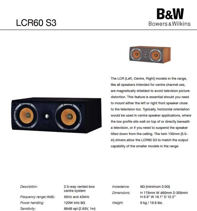 Bowers & Wilkins B&W LCR60 S3 center /centru Hi-Fi Premium Piano Black