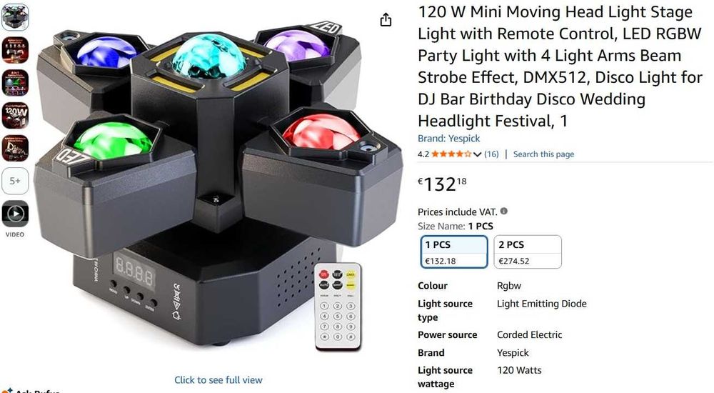 LED Disco Stroboscop 120 W, lumină de scenă cu telecomandă, lumină LED RGBW pentru petrecere cu 4 brațe luminoase, efect stroboscopic, DMX512,