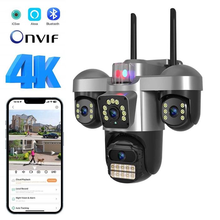 Външна Wifi камера с 4 лещи въртящи 4х12MP/ 36 диода/ ICSEE безжична нощно виждане