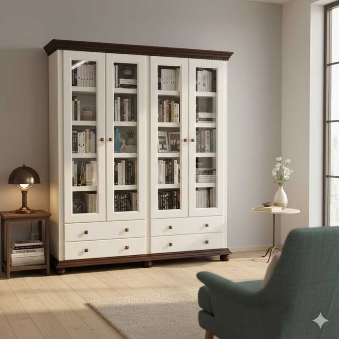 Vitrina biblioteca din lemn masiv Bucovina, dubla, usi cu sticla