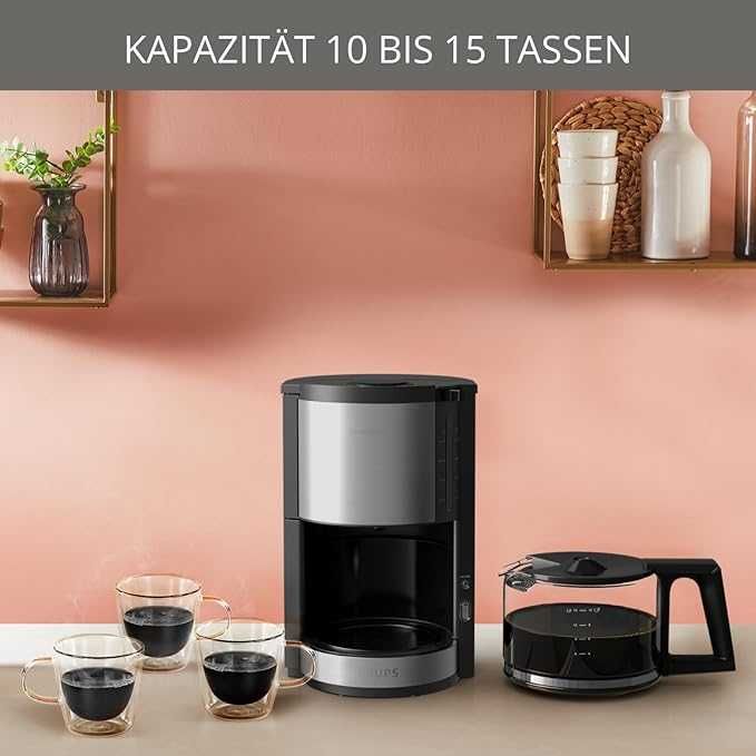 Кафемашина Krups KM321 Proaroma Plus Glass, 10 чаши, 1100 W, модерен дизайн, черна с апликация от неръждаема стомана [Енергиен клас B]