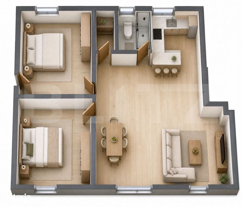 Apartament eficient compartimentat, 3 camere, etajul 1 — fotografia 1