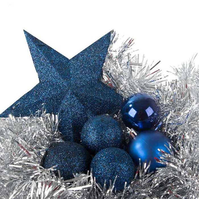 Комплект коледни топки и звезда за елха, синьо брокатено, 33 части