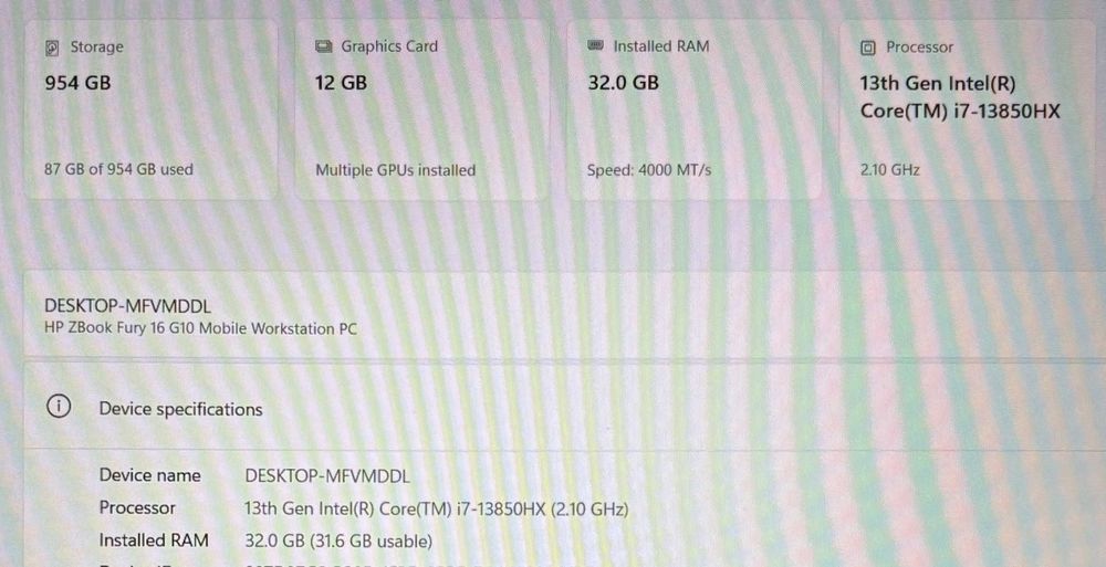 HP ZBook Fury Gen 10 Eкан 16’IPS FHD+ 400nits 100%sRGB, cpu: i7 13850HX gpu: NVIDIA RTX 3500 12GB, Ram 32 Gb./1 Tb SSD. Гаранция до Юли 2027г!