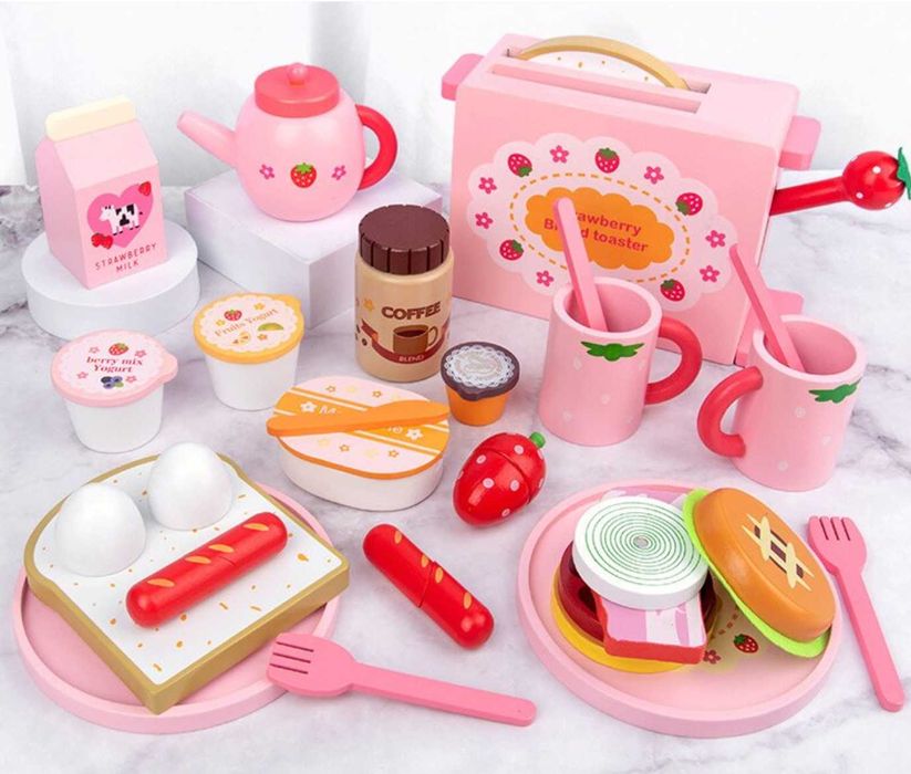 Закуска Тостер с филийки Дървен детски комплект за симулации с аксесоа